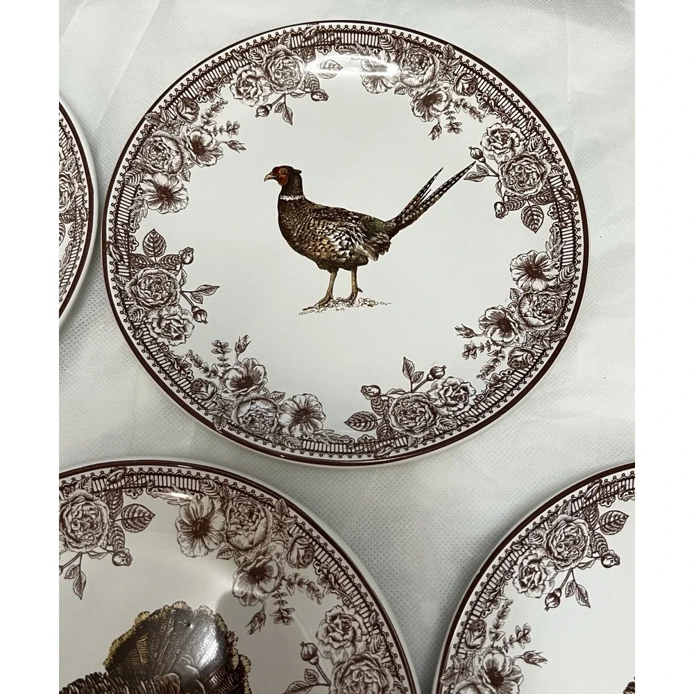 Turkey Pheasant Plates Set of 5 Floral Thanksgiving Fall Bird Country Farm Cabin